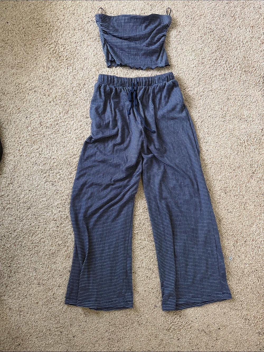 Good Luck Gem Navy and White Striped Strapless Top with Wide-Leg Pants